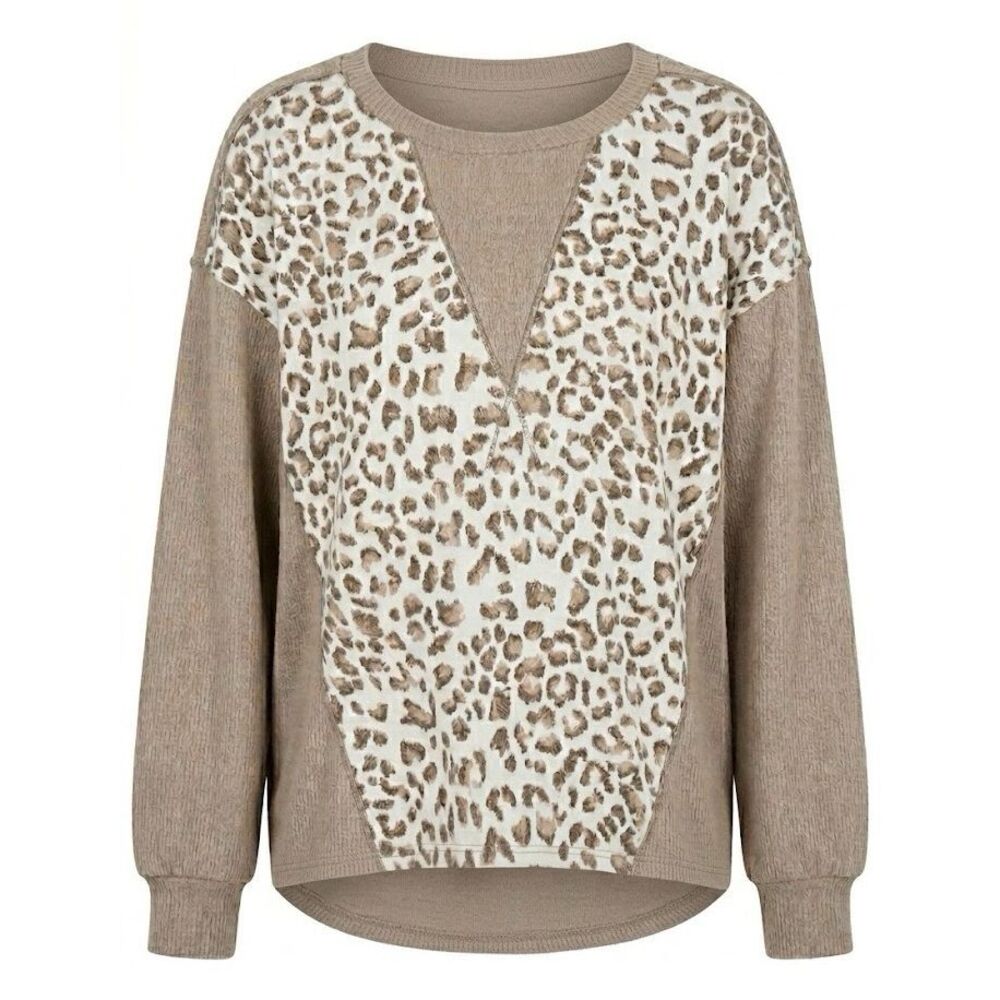 #251. BIBI Leopard Brushed Rib Block Long Sleeve Pullover Crew